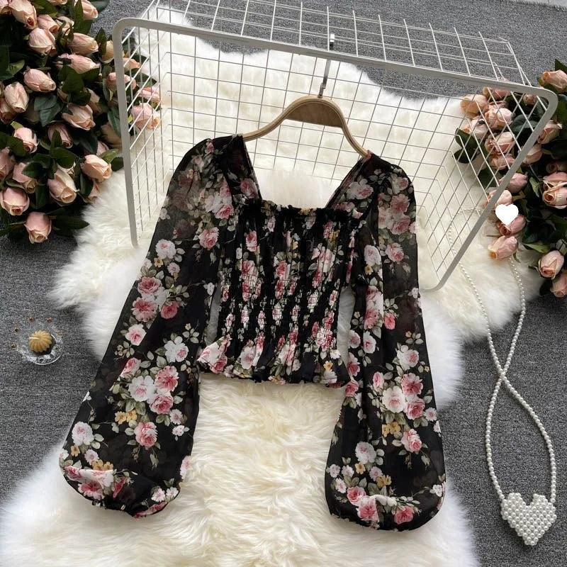 French Sweet Floral Print Chiffon Top Early Autumn 2025 New Women Slimming Bubble Lantern Sleeve Short Style Women's Blouse