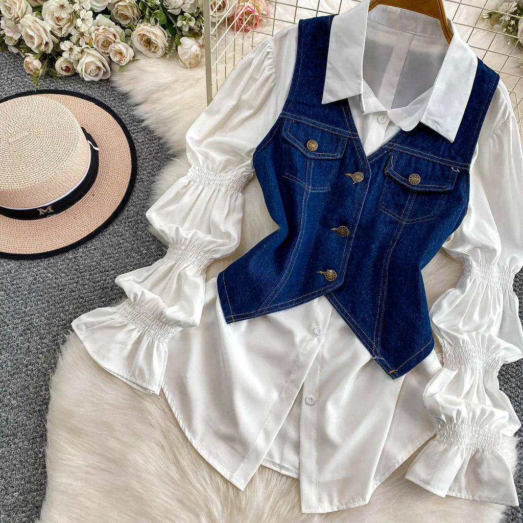 SuperAen Korean Style Office Lady Loose Lantern Sleeve Shirt Single-breasted V-neck Vest Denim Jacket Two-piece Sets