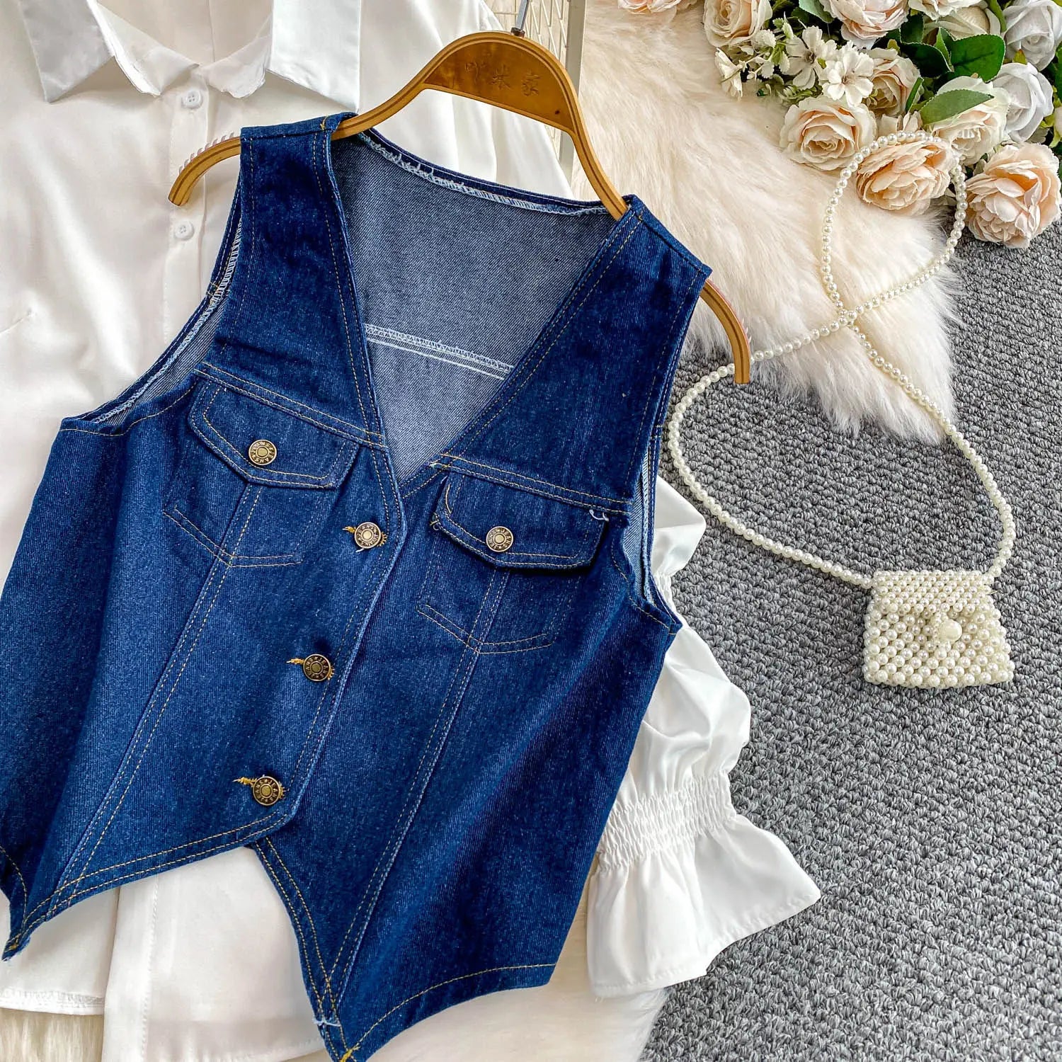 SuperAen Korean Style Office Lady Loose Lantern Sleeve Shirt Single-breasted V-neck Vest Denim Jacket Two-piece Sets