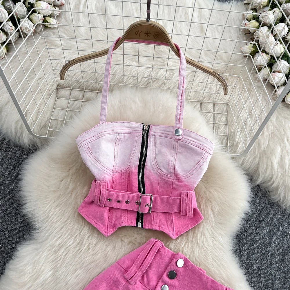 A two-piece set of pink gradient jeans skirts, a sleeveless camisole vest top, and a mini bodycon strap skirt, perfect for summer fashion.