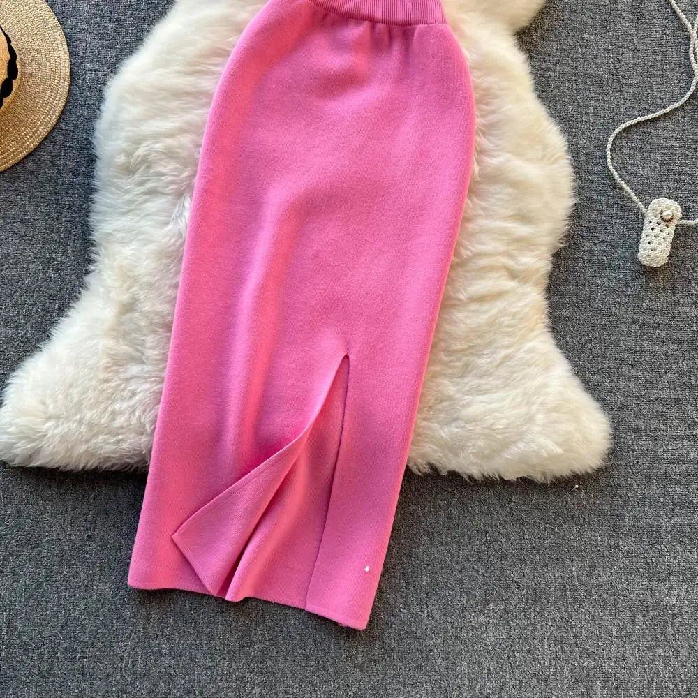 New Pink Women’s Knit Two-Piece Sets: Sexy Short Top with Elastic Waist and Knit Split Long Skirt. Fashion Solid Women’s Suits.