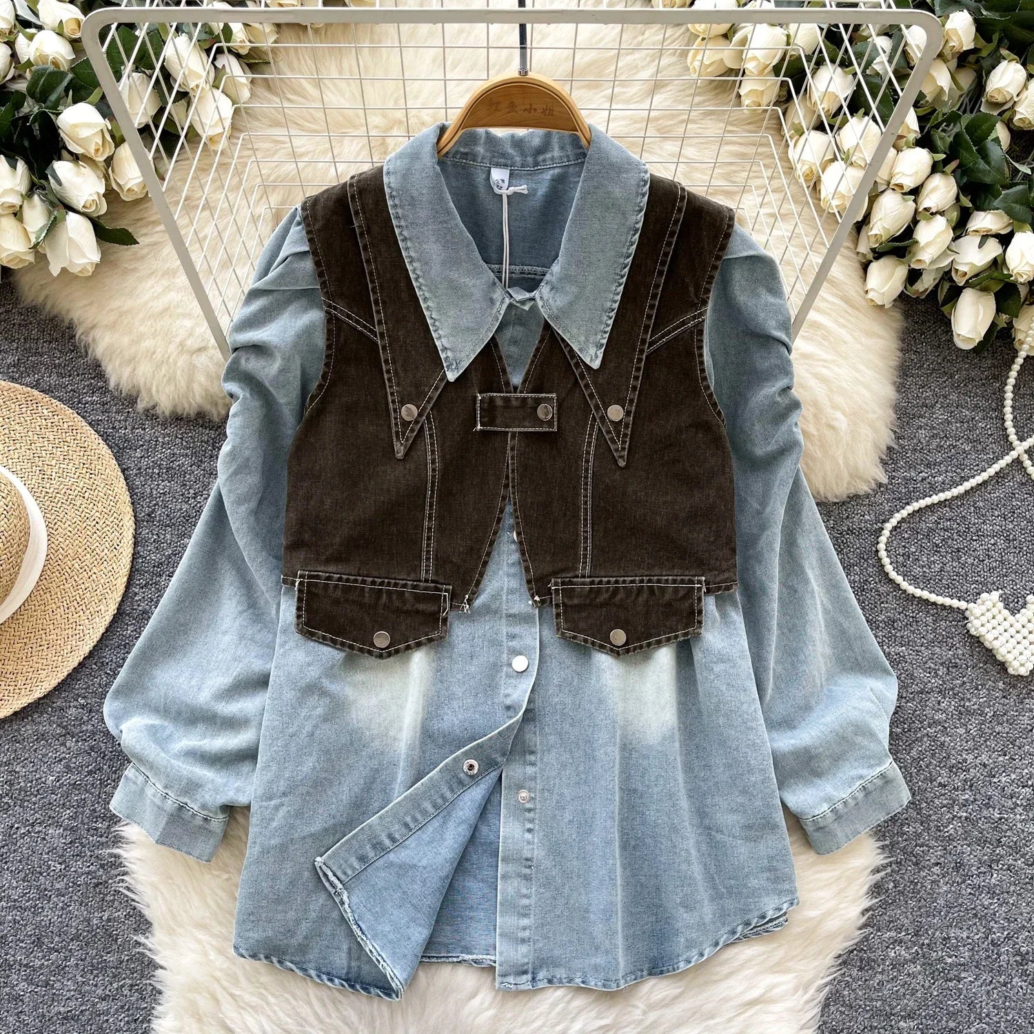 Denim Two Piece Sets Women's Clothing Gentle Suit Layered Outfit Buckle Vest Korean Fashionable Bubble Sleeve Shirts Wholesale