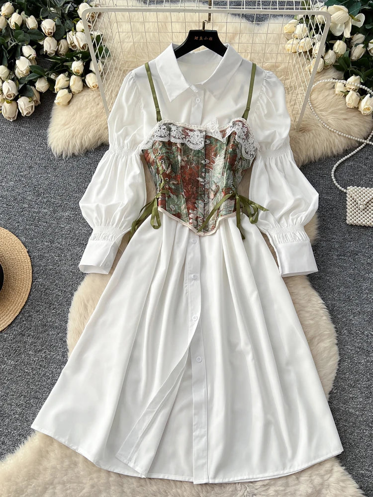 Retro Bubble Sve irt Dr Women's Spring White Collar Waist Cinched A-Line Skirt Two-Piece Set High Waist Polyester Fiber