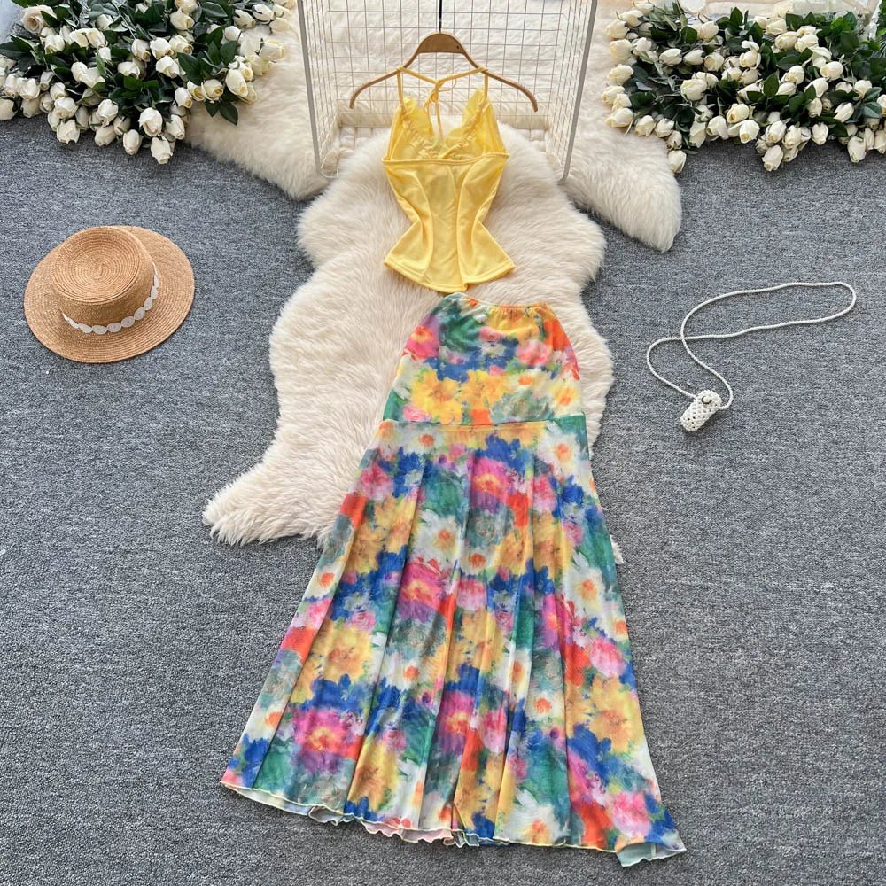 Elegant Chic halter mesh A-line dress, slim party high street evening dress, clothing two-piece set