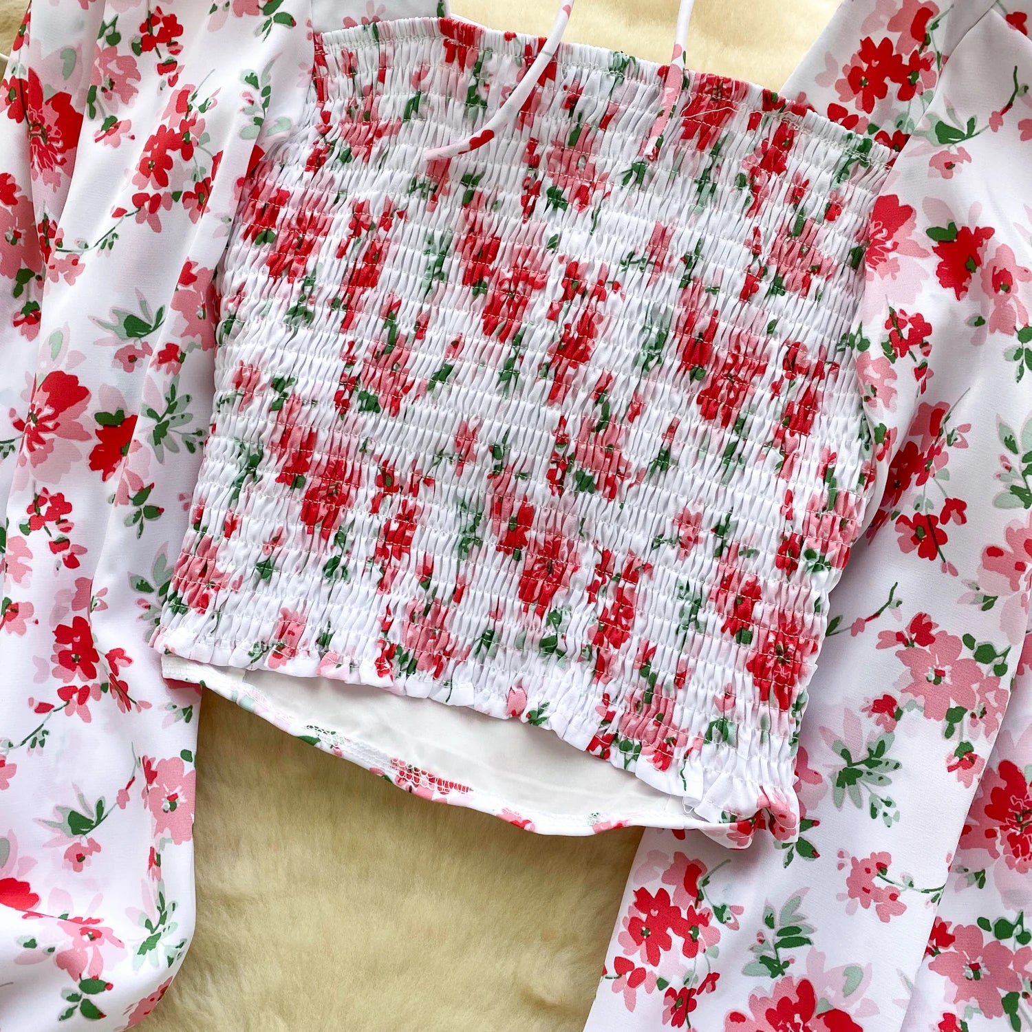 Ele Floral Print Bubble Sve Square Collar ort irt Women's Summer Tie Waist Retro Spicy Girl Beautiful Top Trendy - MODE SEPHRA