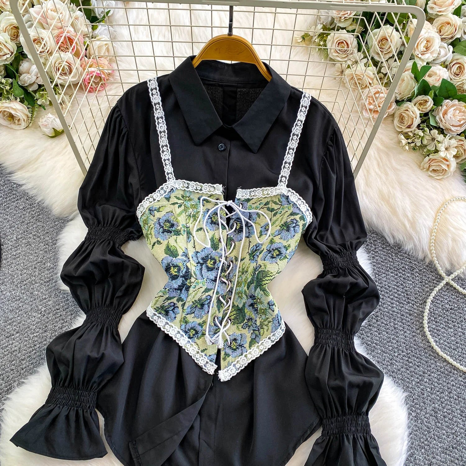 Retro Lace Patchwork Bell Sve irt Set Sweet Sle Slimming Waist Design Strap Top Versatile Long Sve Printed Casual Wear