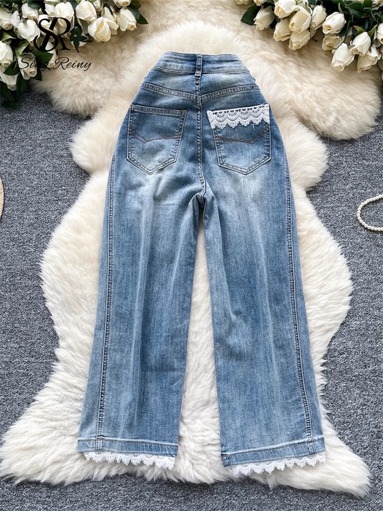 SINGREINY American Retro Denim Pants Women's Pockets Chic Casual Wide Legs Trousers Autumn Fashion High Waist Lace Splice Jeans