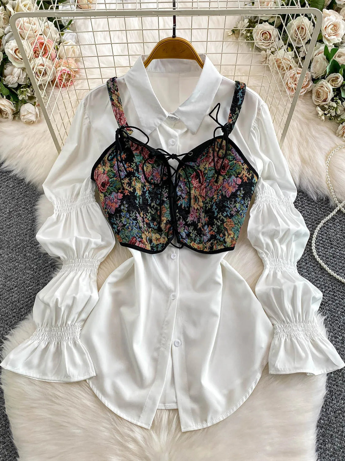 Retro Sle Slimming Lace irt with Belt And Lantern Sves Women's Casual Long Sve irt Floral Embroidery Patchwork