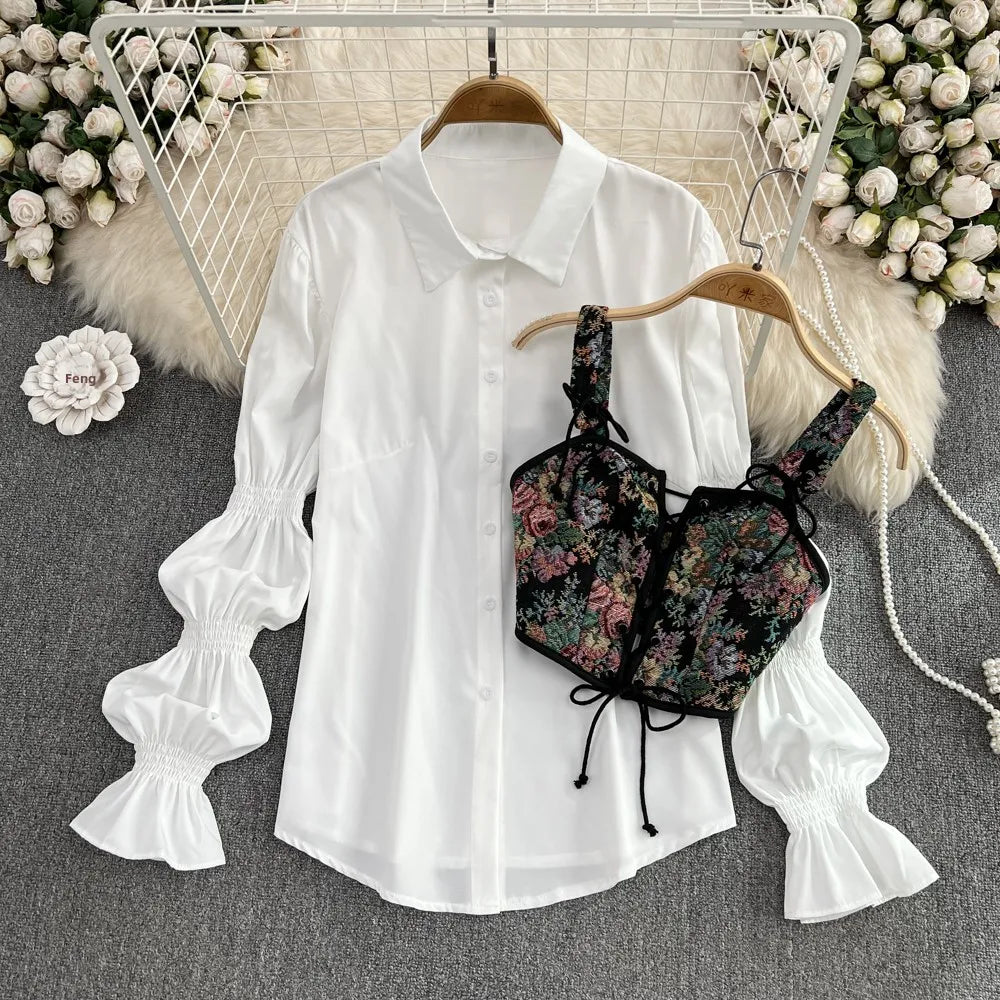 Loose Bubble Sve White irt Tank Top Set Korean Sle Commute Pure Color Long Sve  Collar Button Detail Regular Le...