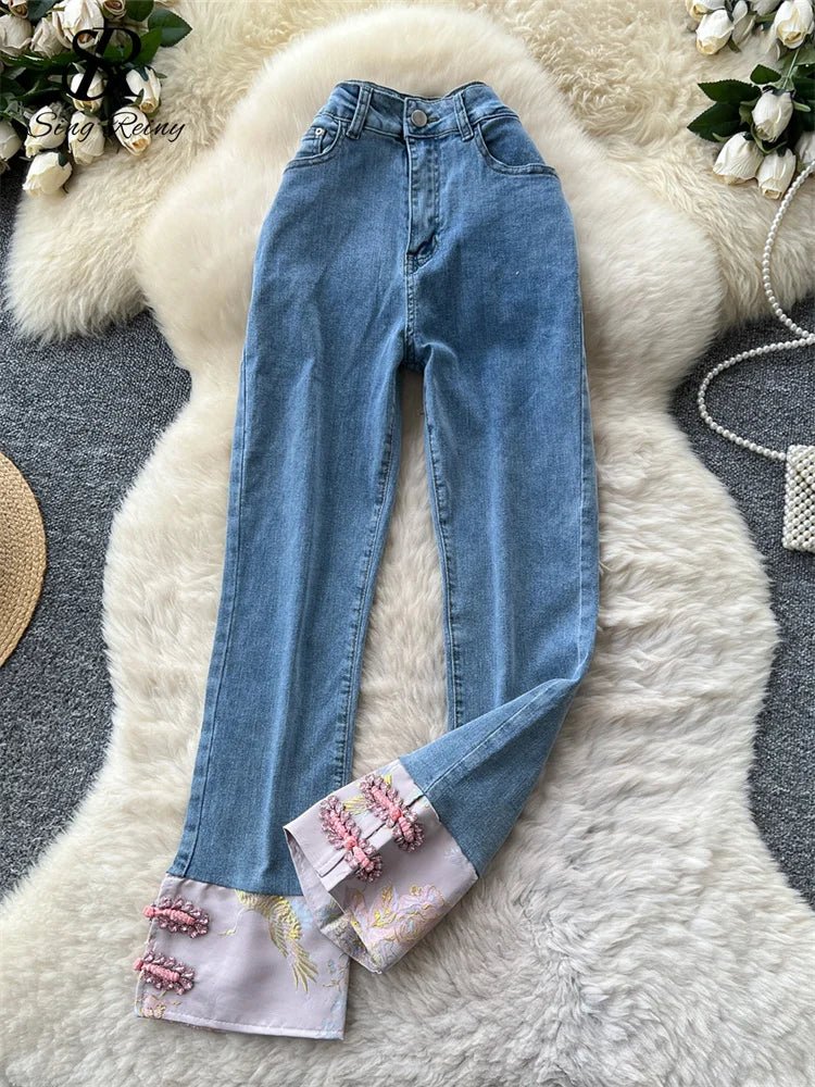 Vintage Hotsweet Denim Pants for women feature a high waist, zipper, diamonds splice, and jacquard design.
