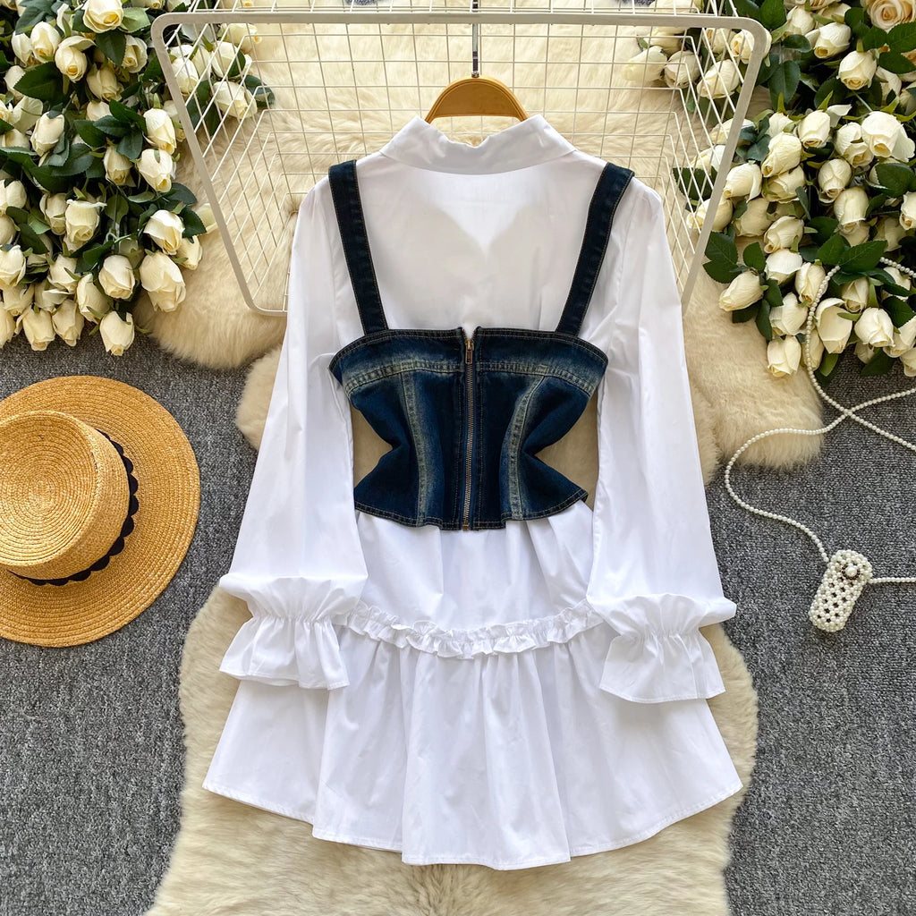 Spring Autumn Commute Sle Women's Faion Slimming Two-Piece Set High Waist Denim Belted Top Bot Ensemble Office Ready