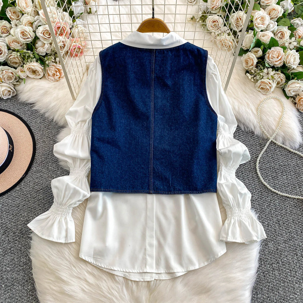 2 Piece Sets Women's Clothing 2025 Lantern Sleeve White Shirts Slim Fit Single-breasted Denim Vest Coat Suit Chic Casual Outfits