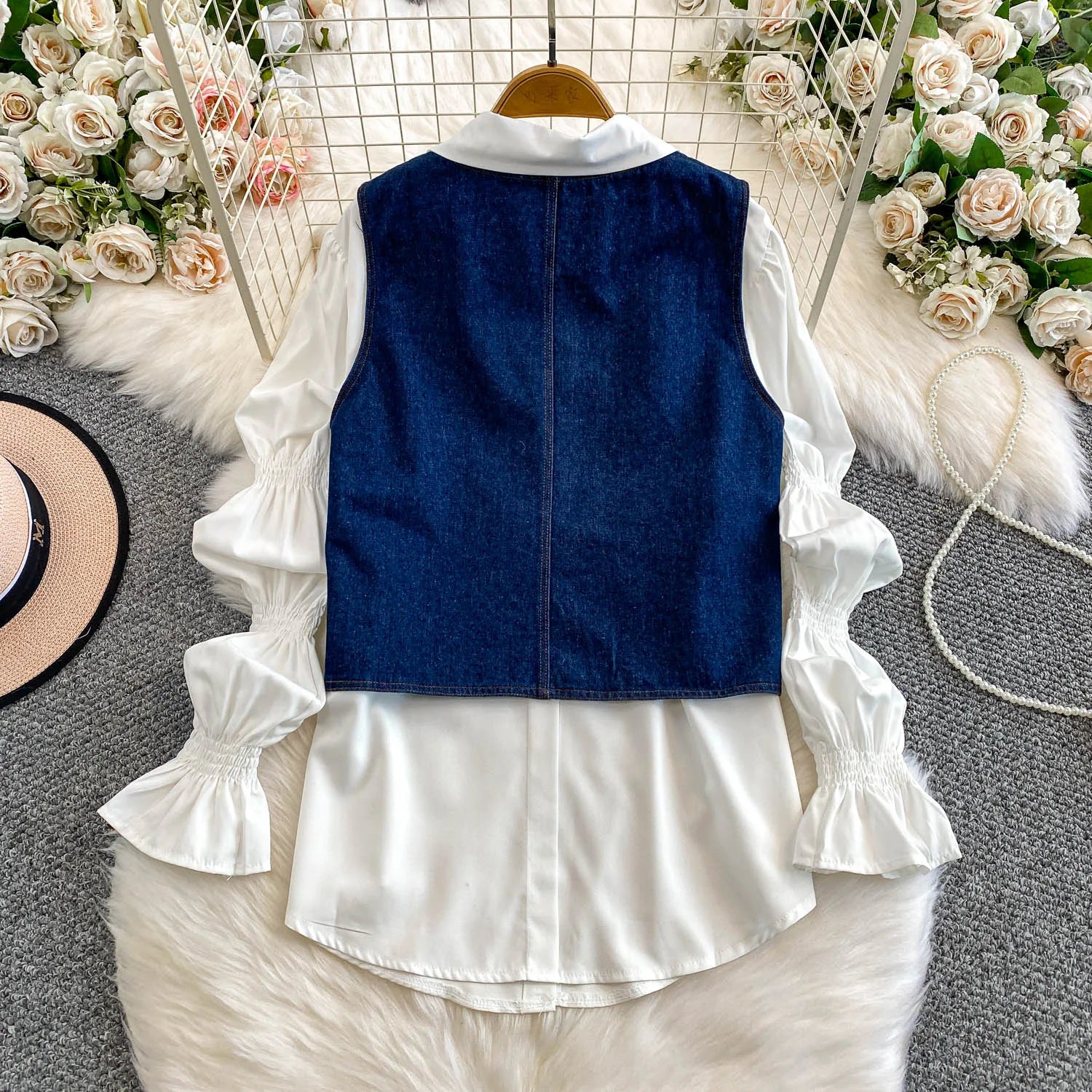 2 Piece Sets Women's Clothing 2025 Lantern Sleeve White Shirts Slim Fit Single-breasted Denim Vest Coat Suit Chic Casual Outfits