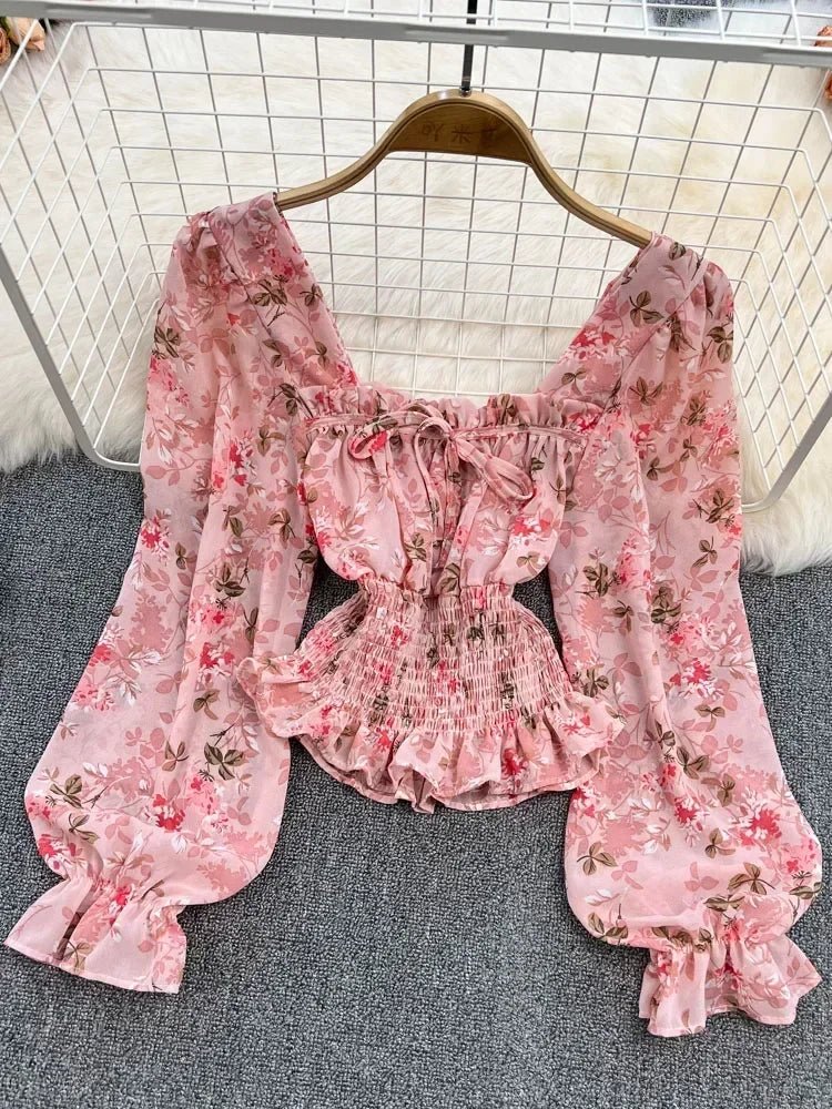 Women Spring Korean Version of The Retro Square Neck Puff Sleeve Lotus Leaf Floral Chiffon Short Blouse Tops Female D0749