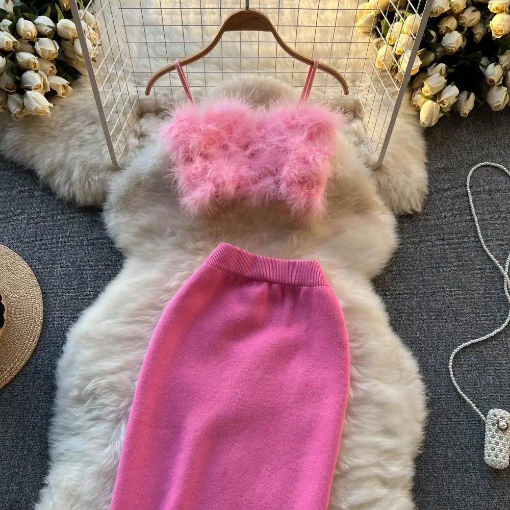 New Pink Women’s Knit Two-Piece Sets: Sexy Short Top with Elastic Waist and Knit Split Long Skirt. Fashion Solid Women’s Suits.