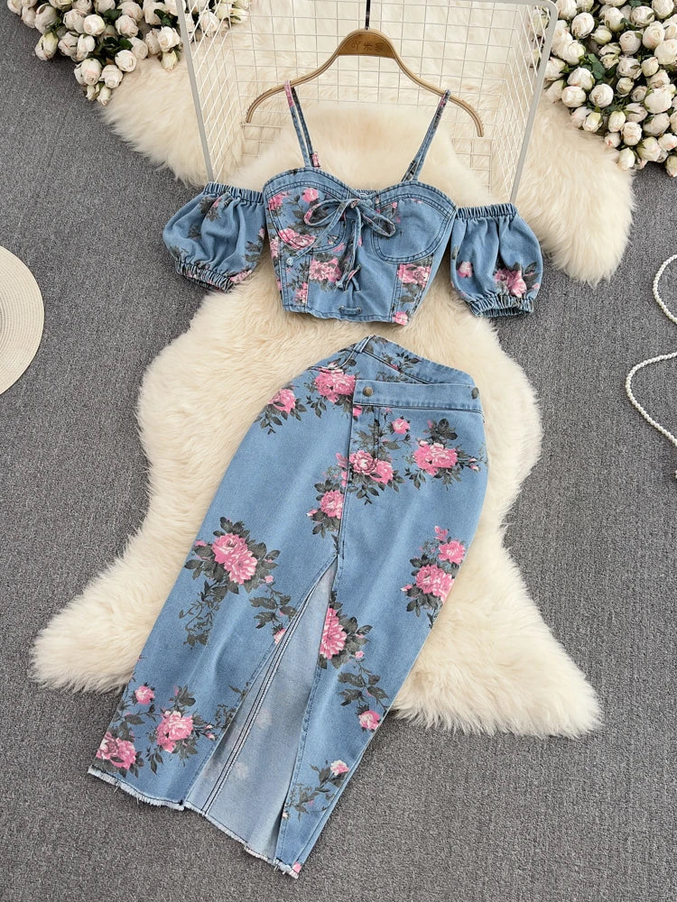 Women 2 Piece Set Denim Fashion Female Hot Girl Chic Sexy Sling Top High Waist Irregular Split Skirt Summer Lady Suit