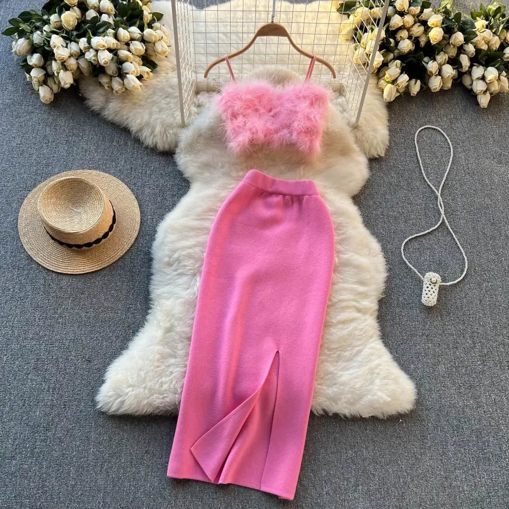 New Pink Women’s Knit Two-Piece Sets: Sexy Short Top with Elastic Waist and Knit Split Long Skirt. Fashion Solid Women’s Suits.