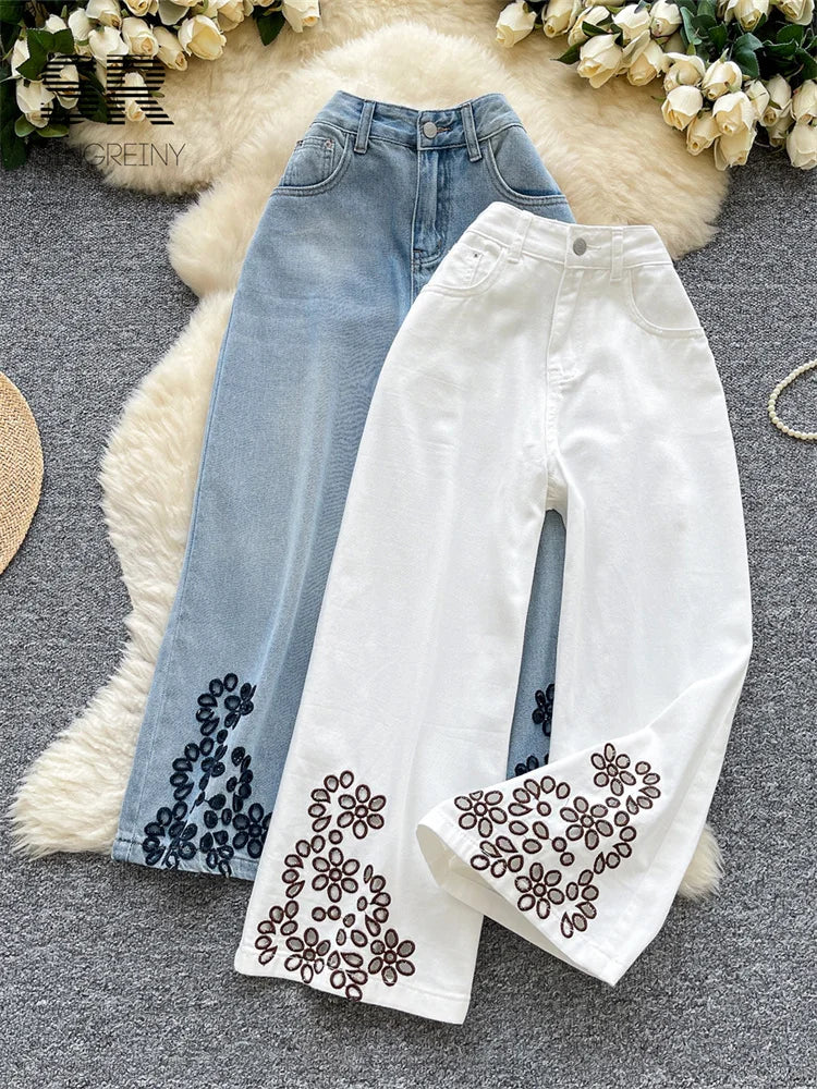 SINGREINY Ethnic Style Retro Jeans Ladies Zipper Embroidery Hollow Out Long Trousers 2025 Autumn Vacation Casual Wide Leg Pants
