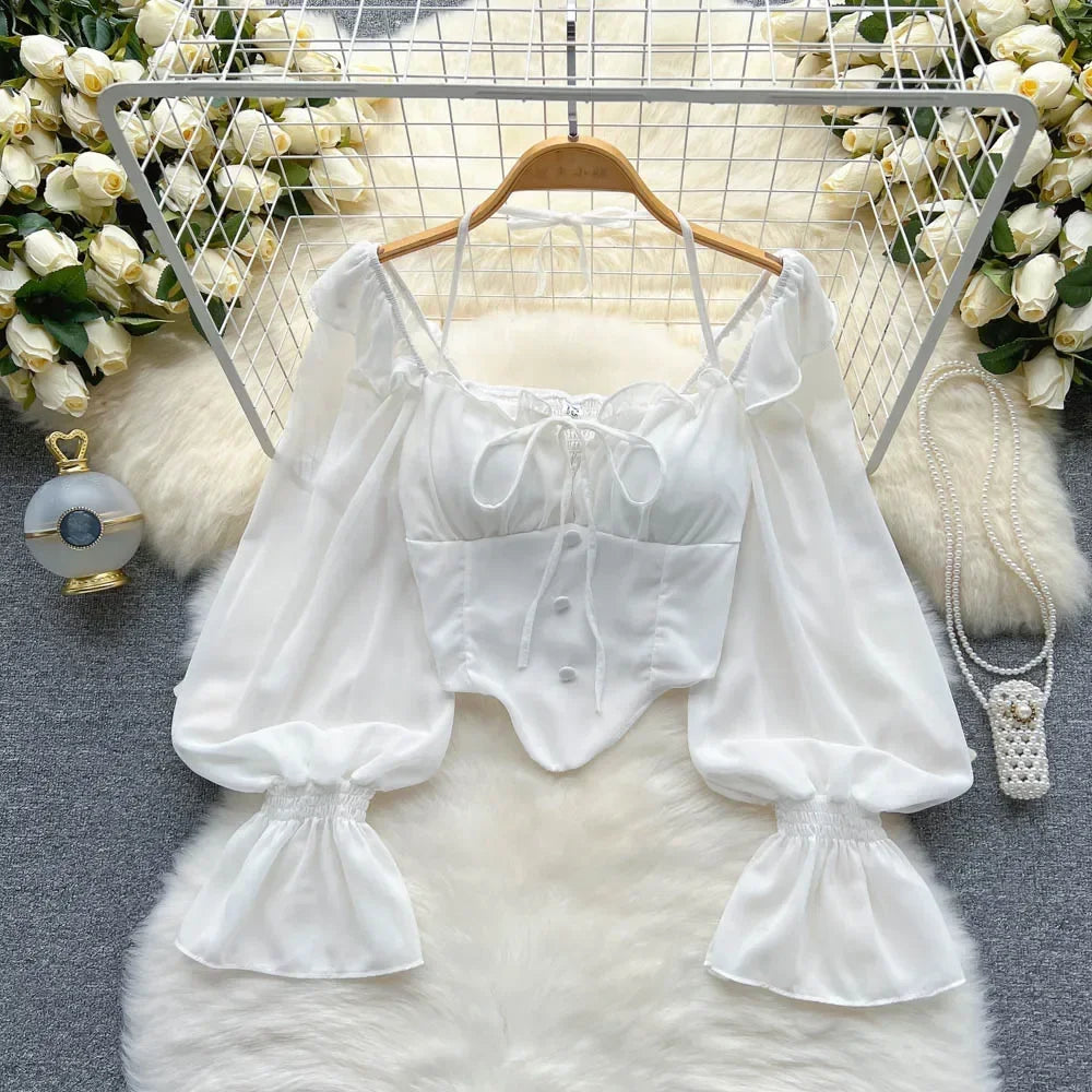 Y2k Flare Sleeve Women Tops Ruffle Solid Elastic Waist Halter Backless Chiffon Slim Ladies Harajuku Sexy Short Blouse