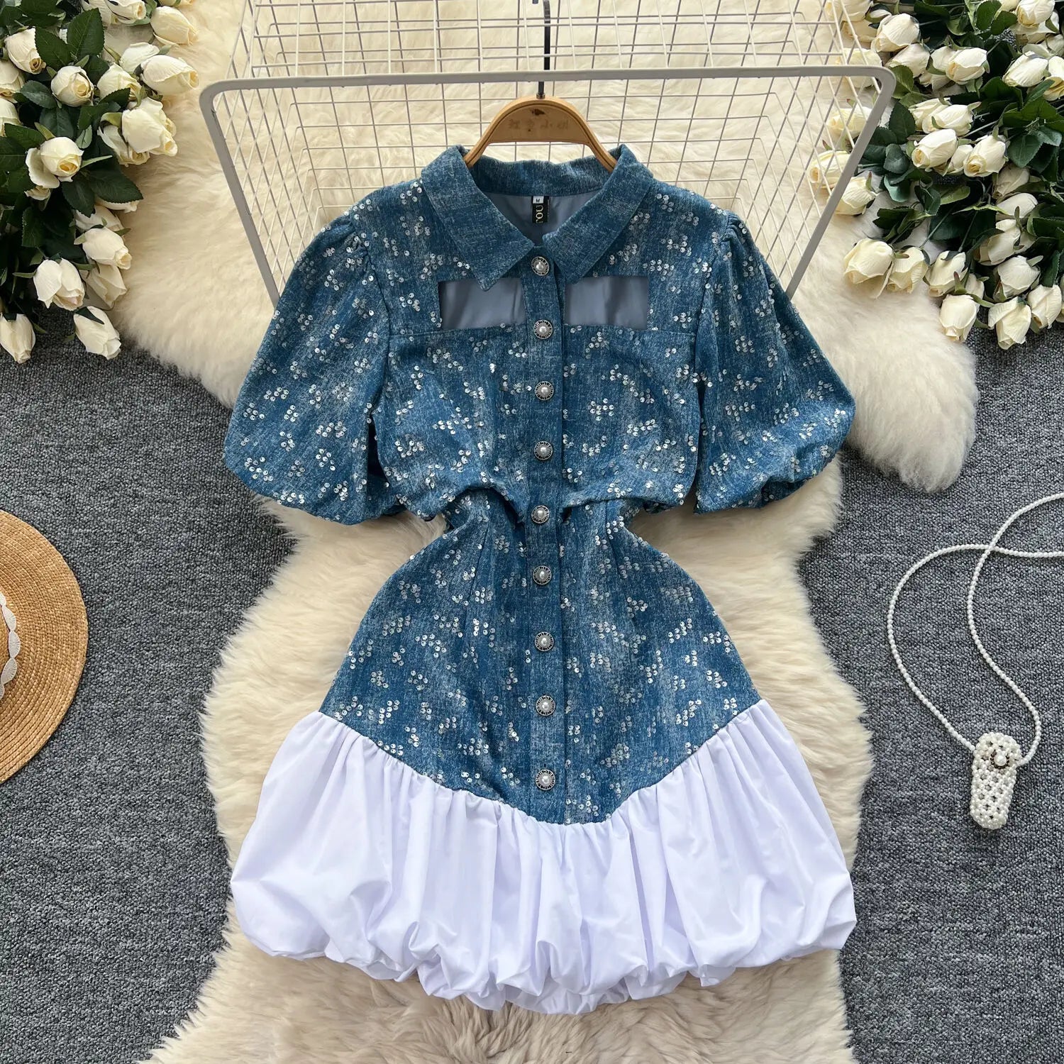 Elegant Hollow Out Sequins Jeans Dresses Shirt Women Patchwork Ball Gown Single Breasted Pearl Blue White Short Evening Dress