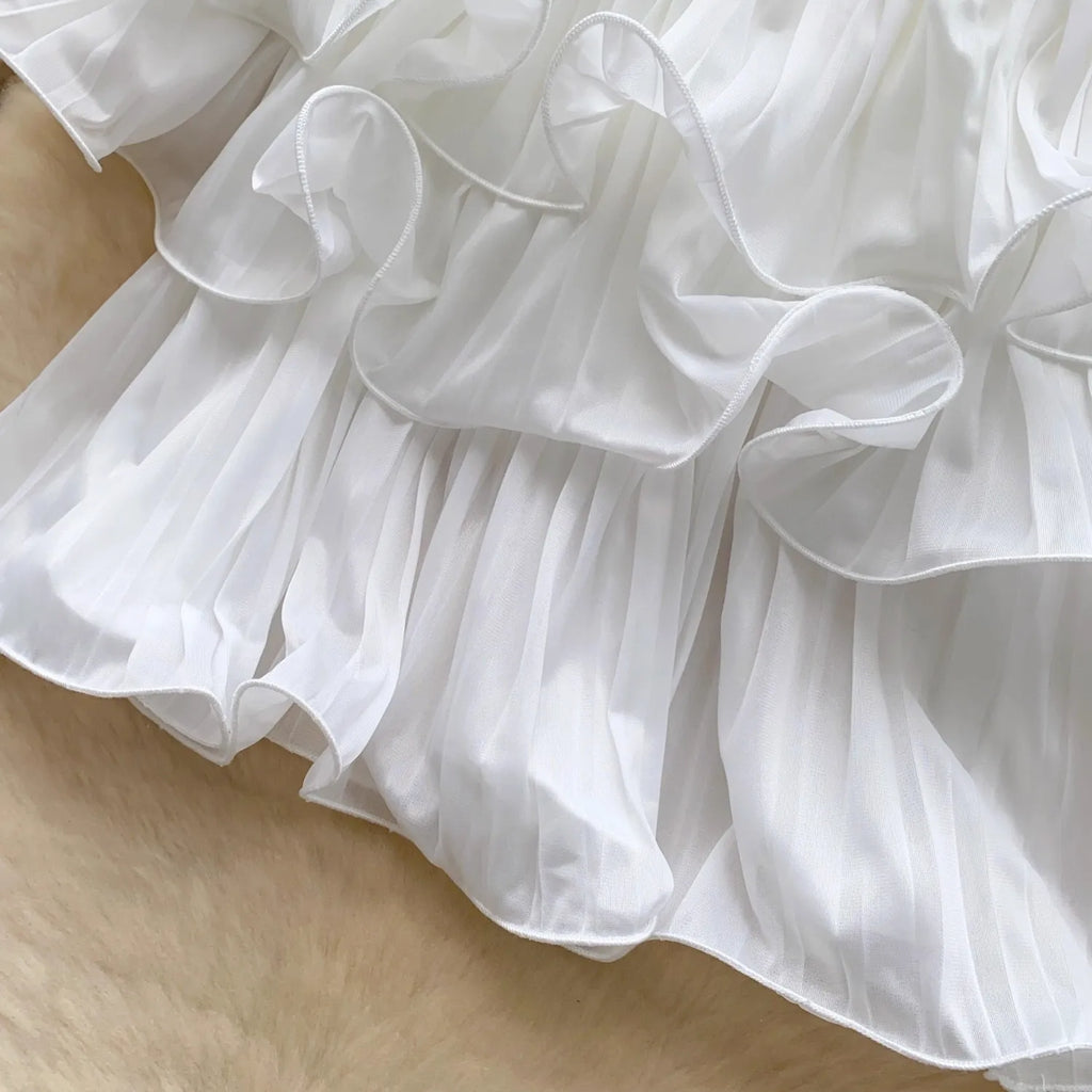 New Summer Sweet Chic Slash Neck Folded Ruffles Chiffon Shirt Women's Sexy Sleeveless Black White Short Blouses Pullover Tops