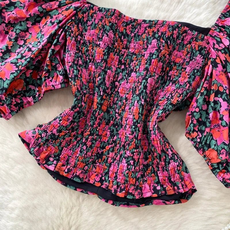 Blouses Fashion French Style Square Neck Bubble Sleeve Shirt Women Summer 2025 Pleated Waist Slim Fit Floral Top