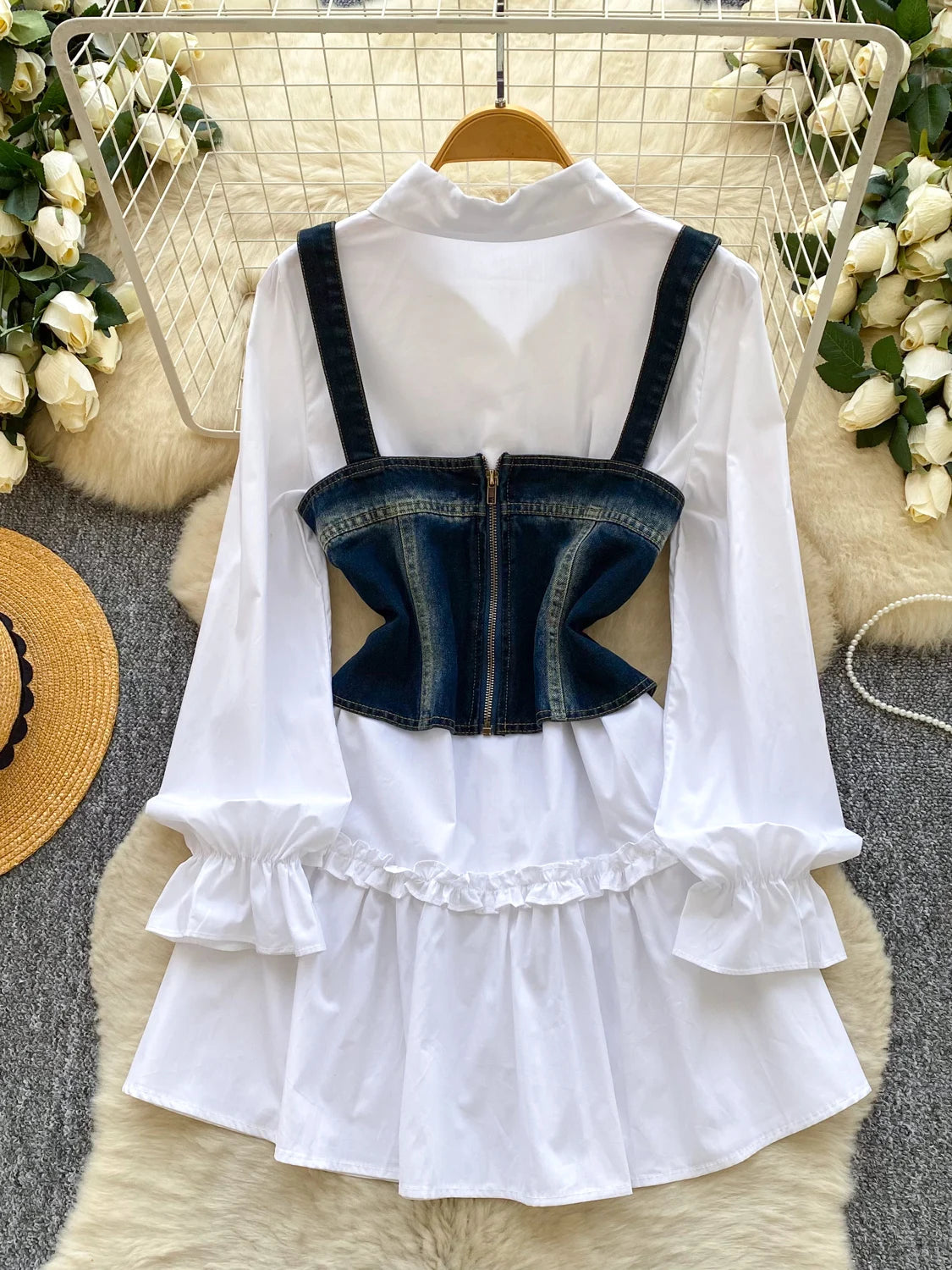 Spring Autumn Commute Sle Women's Faion Slimming Two-Piece Set High Waist Denim Belted Top Bot Ensemble Office Ready