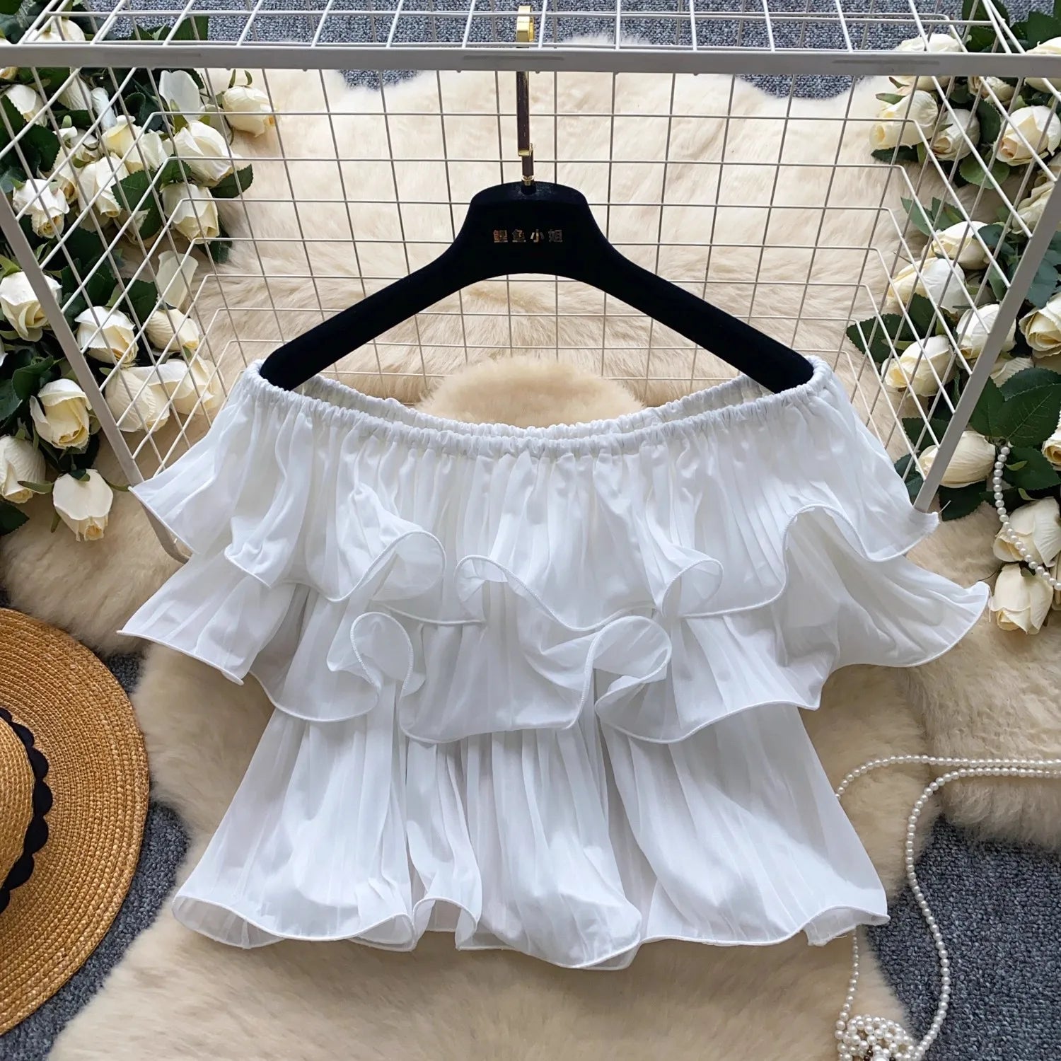 New Summer Sweet Chic Slash Neck Folded Ruffles Chiffon Shirt Women's Sexy Sleeveless Black White Short Blouses Pullover Tops