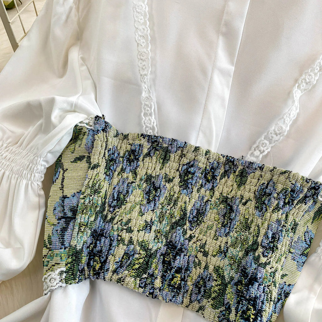 Retro Lace Patchwork Bell Sve irt Set Sweet Sle Slimming Waist Design Strap Top Versatile Long Sve Printed Casual Wear