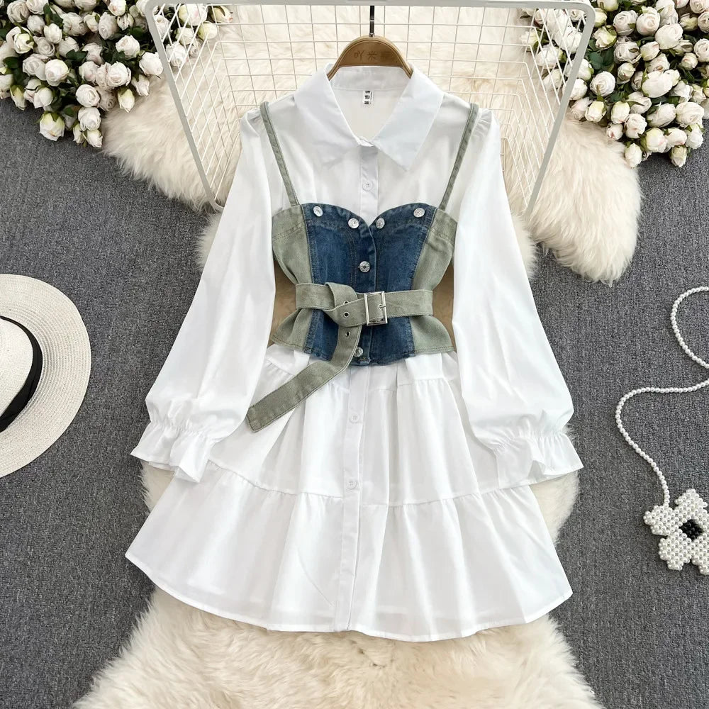 Two-piece Set White Shirt + Denim Vest Autumn 2024 Retro Long Sleeved Single Breasted Shirt Dress