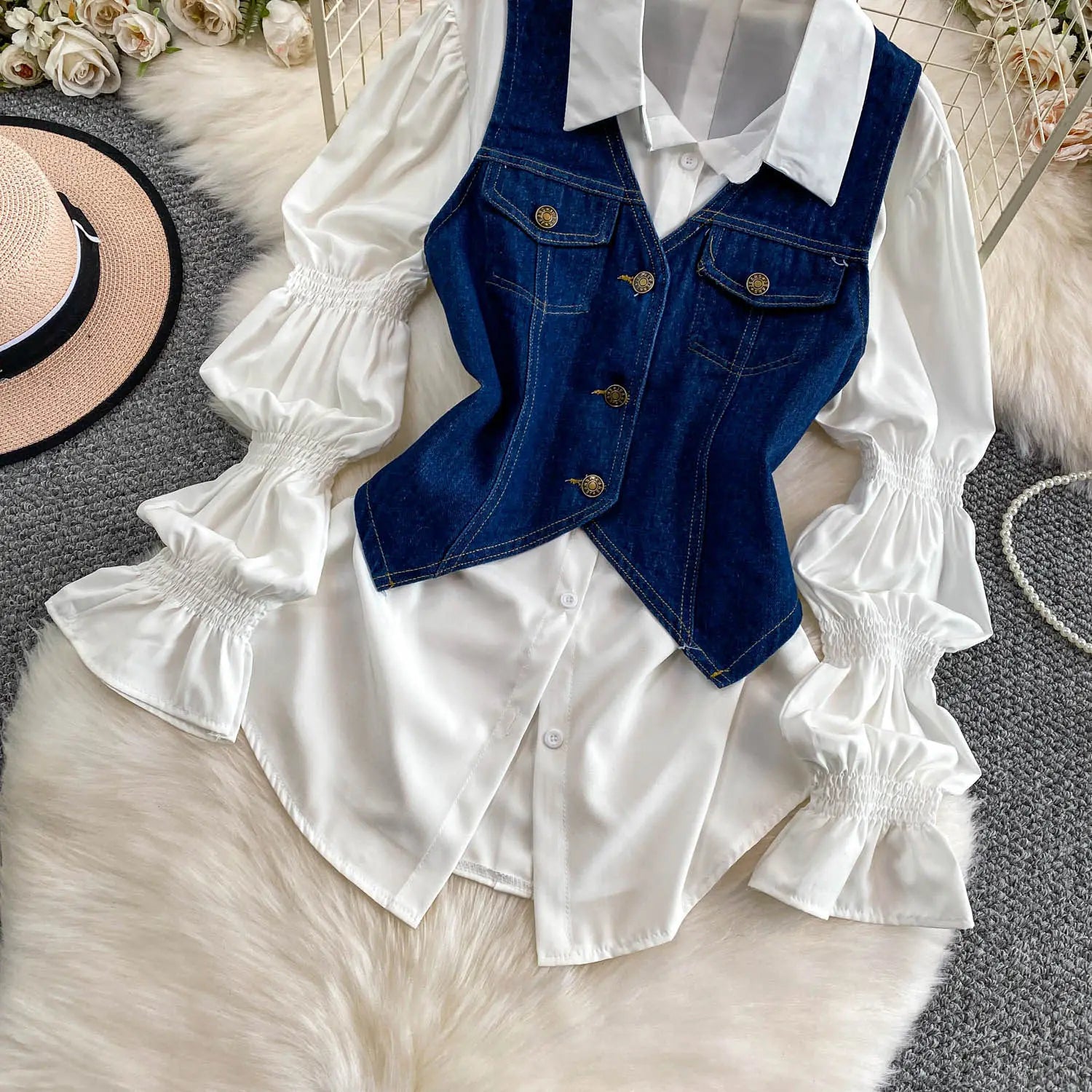 SuperAen Korean Style Office Lady Loose Lantern Sleeve Shirt Single-breasted V-neck Vest Denim Jacket Two-piece Sets