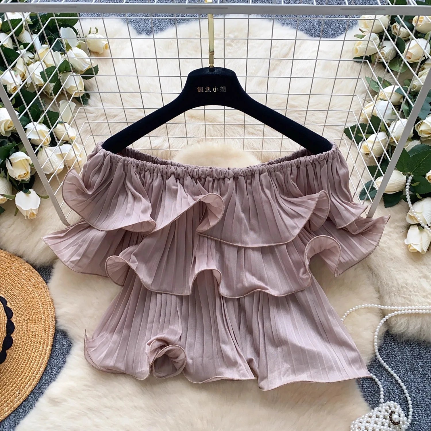 New Summer Sweet Chic Slash Neck Folded Ruffles Chiffon Shirt Women's Sexy Sleeveless Black White Short Blouses Pullover Tops