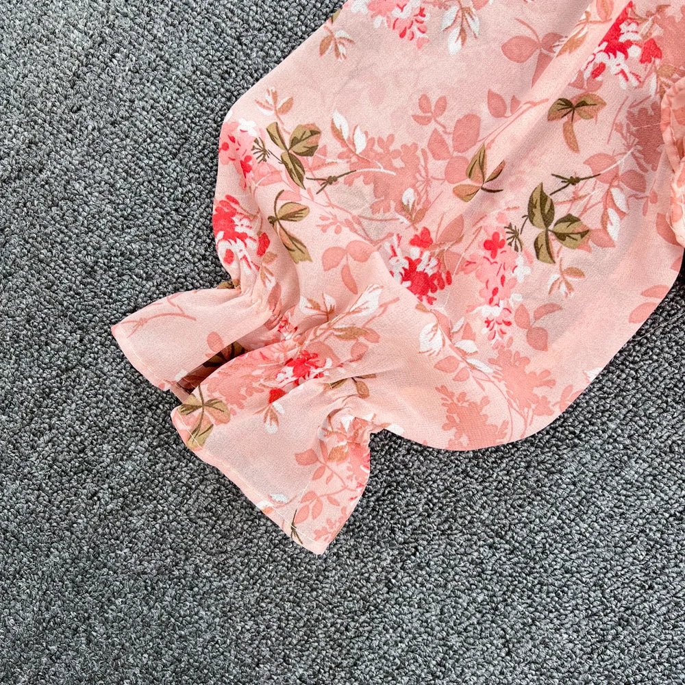 Women Spring Korean Version of The Retro Square Neck Puff Sleeve Lotus Leaf Floral Chiffon Short Blouse Tops Female D0749