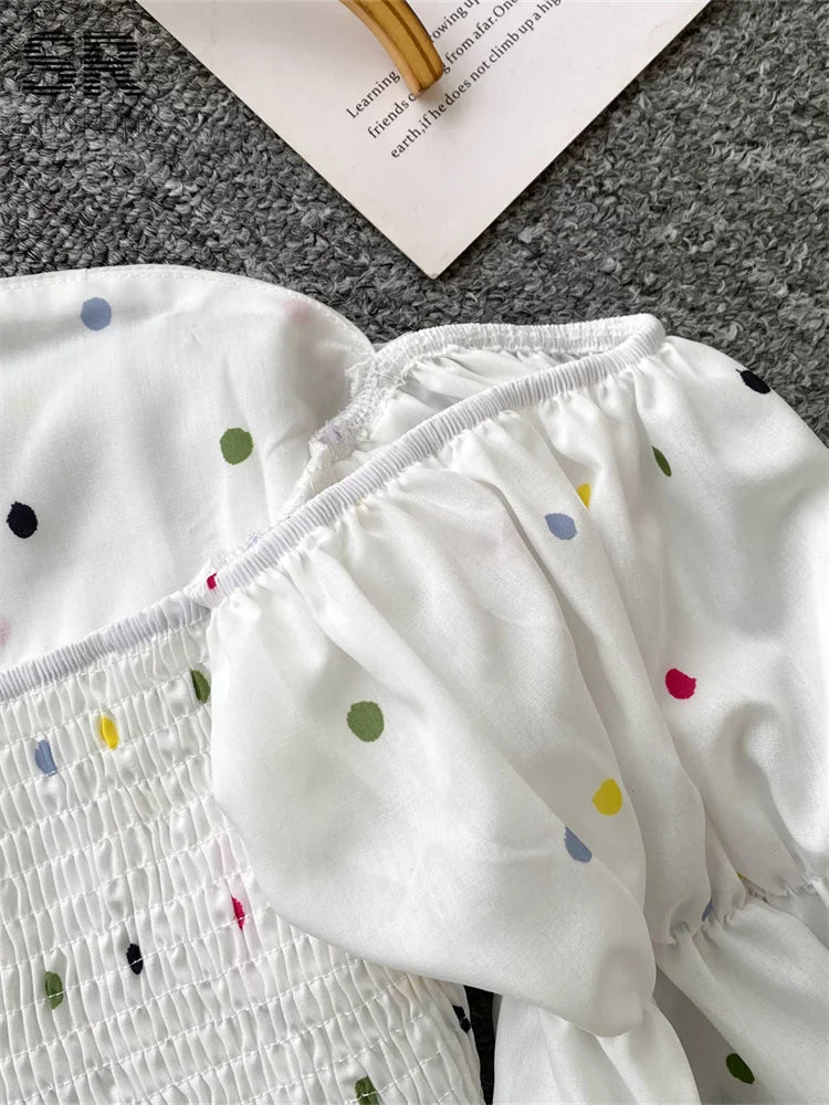 SINGREINY Hotsweet Strapless Chic Crop Tops 2025 Summer Flare Sleeves Ruched Shirts Fashion Slim Off Shoulder Polka Dot Blouses