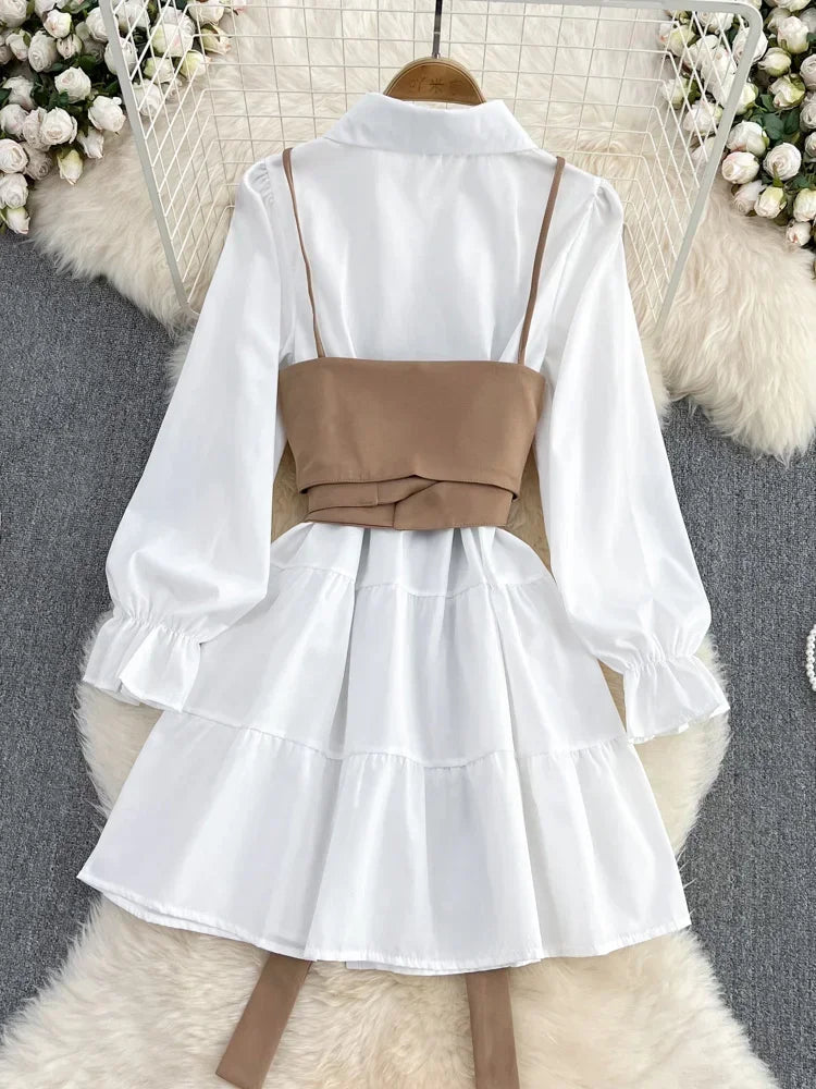 New Spring Autumn New Fashion Casual Suit Female Korean Loose White Shirt Dress Slim Vest Dress Two-piece Set GD786