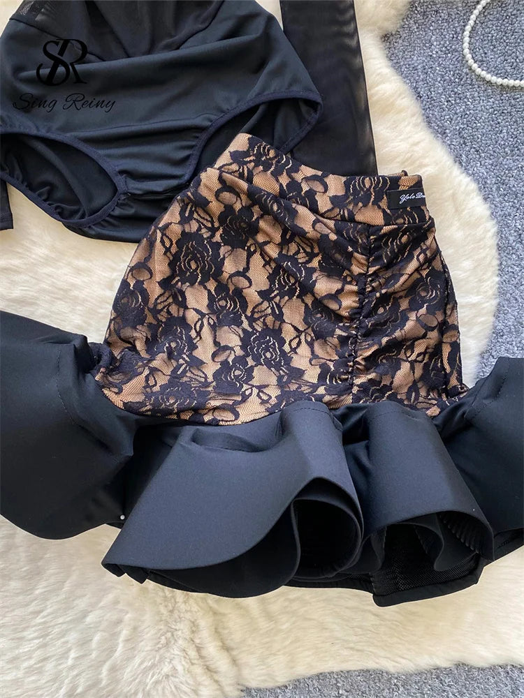 SINGREINY Sexy Floral Lace Suit Mesh Sheer Slim Bodysuit+Ruffles Mini Mermaid Skirt Ladies Retro Luxury Ball Party 2 Pieces Sets