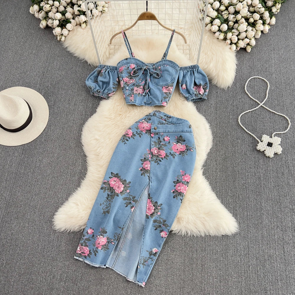 Women 2 Piece Set Denim Fashion Female Hot Girl Chic Sexy Sling Top High Waist Irregular Split Skirt Summer Lady Suit