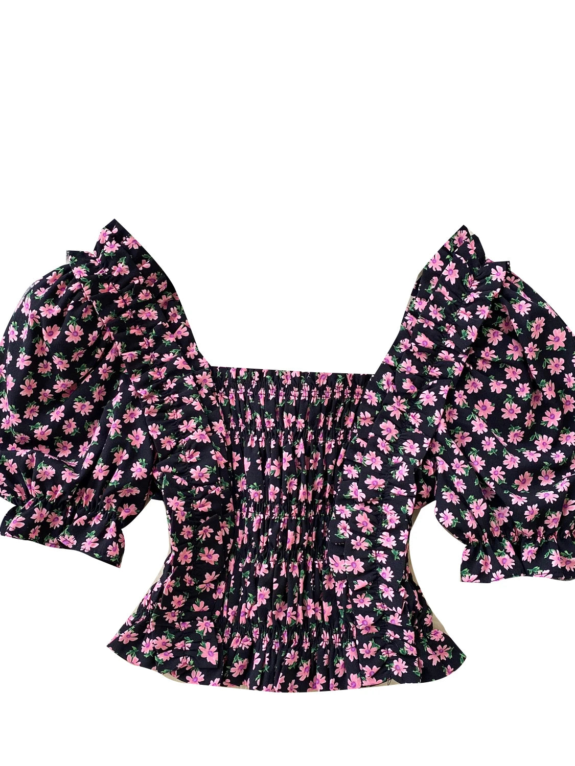 Romantic Aosphere Bubble Sve ort Design Women's irt Vintage Street Sle Polyester Fiber Korean Version Casual irt