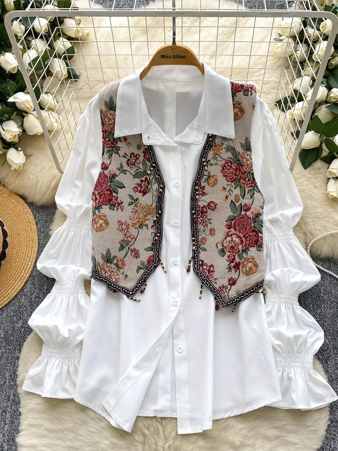 Retro Tassel Trim Embroidered Vest Loose Casual Bubble Sve irt Autumn Wear Two-Piece Set Women's Faion Casual Outfit