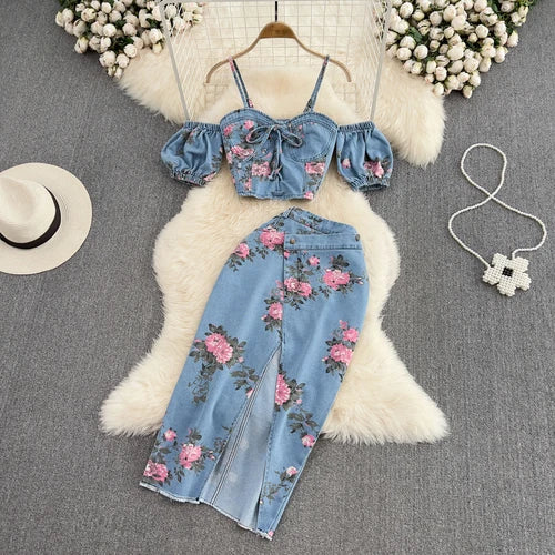 Women 2 Piece Set Denim Fashion Female Hot Girl Chic Sexy Sling Top High Waist Irregular Split Skirt Summer Lady Suit