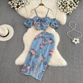 Women 2 Piece Set Denim Fashion Female Hot Girl Chic Sexy Sling Top High Waist Irregular Split Skirt Summer Lady Suit