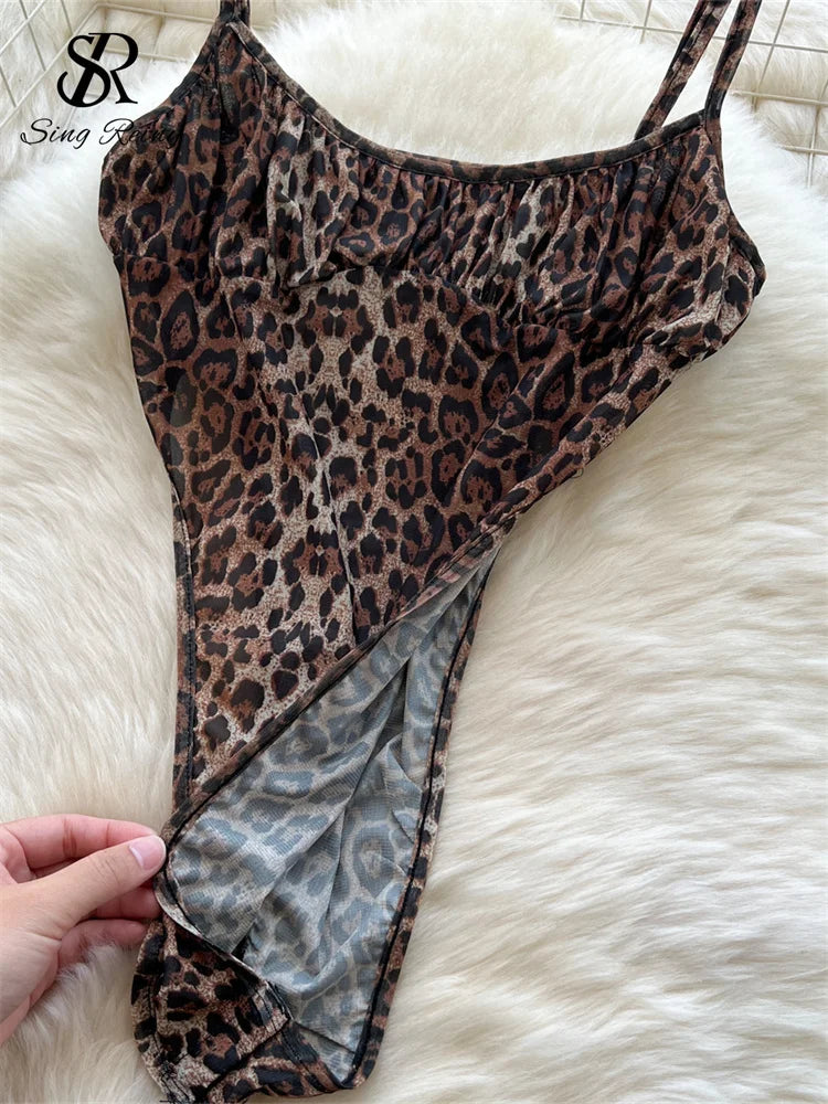 SINGREINY 2026 Newest Leopard 2pcs Suits Women Sexy Strap Tops+Elastic Waist Flared Pants American Ins Fashion Hotsweet Sets