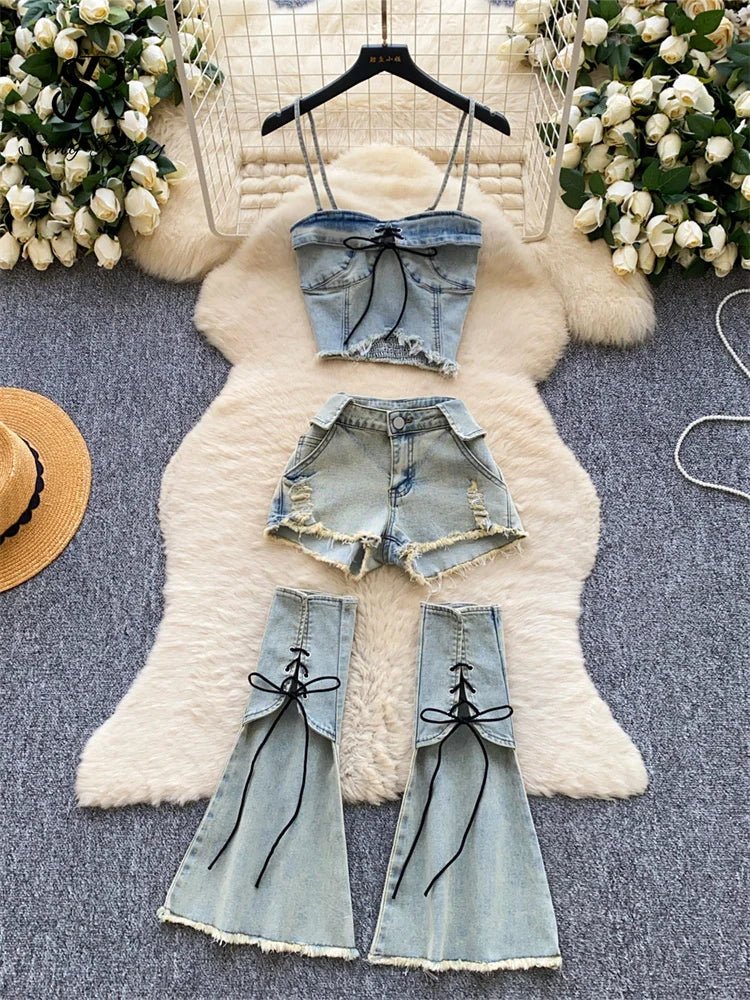 Denim Edgy Three-Piece Sets: Stretchy Curve Sexy Tops, Raw Hem Shorts, and Strap Leg Warmer. Fashion High Quality Summer Sets.