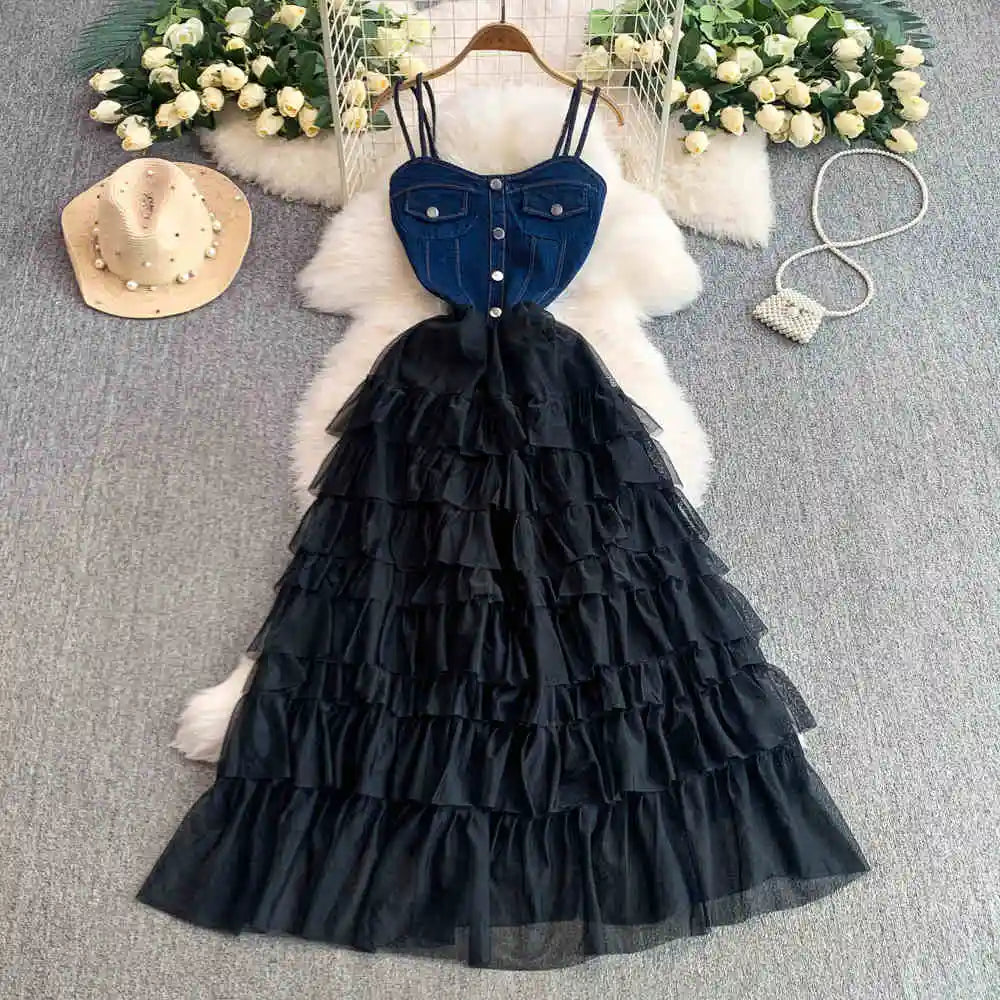 Fashion Denim Mesh Splicing Slip Dress Summer Women's High Waist Slimming A-line Beach Long Dresses Chic Cake Vestidos