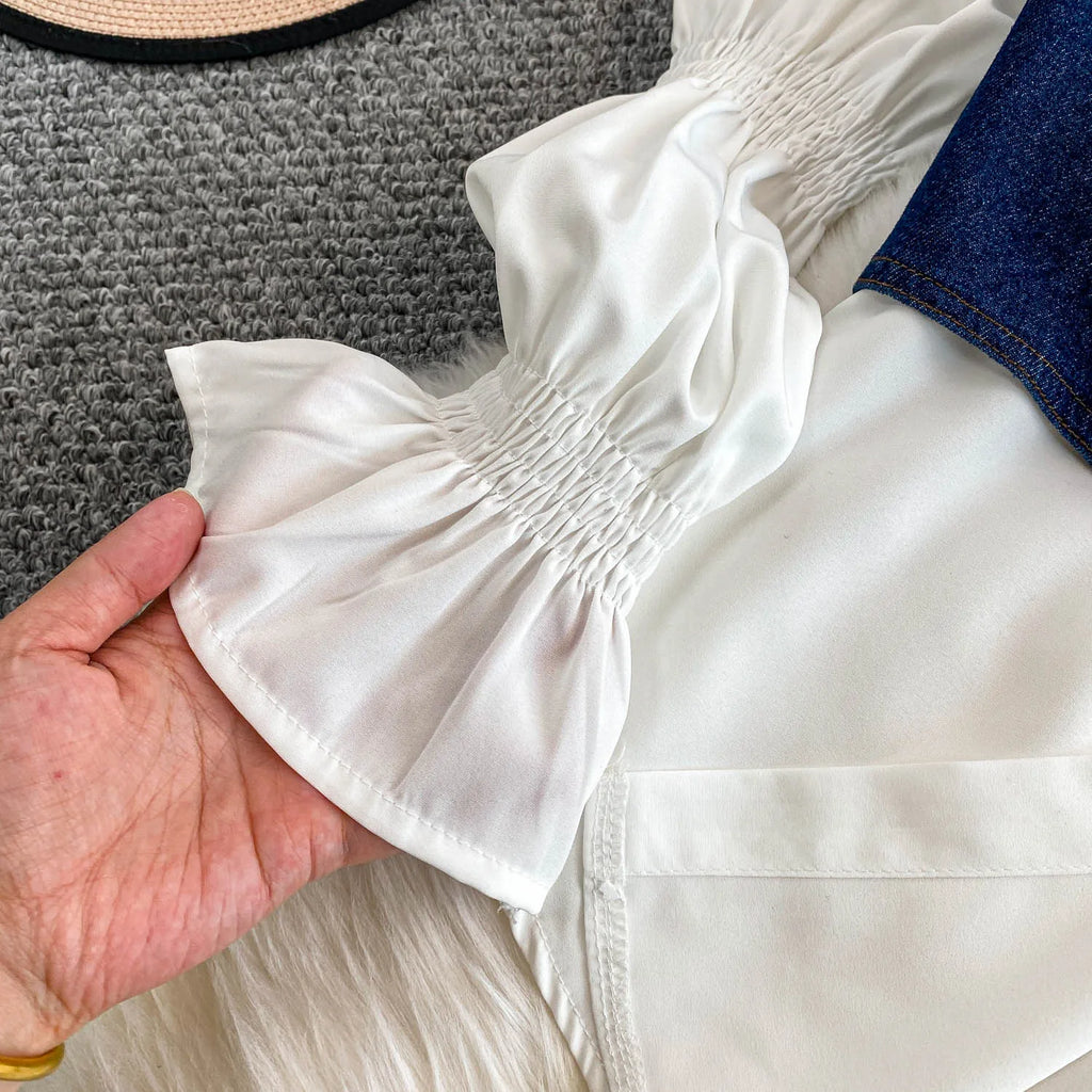 2 Piece Sets Women's Clothing 2025 Lantern Sleeve White Shirts Slim Fit Single-breasted Denim Vest Coat Suit Chic Casual Outfits