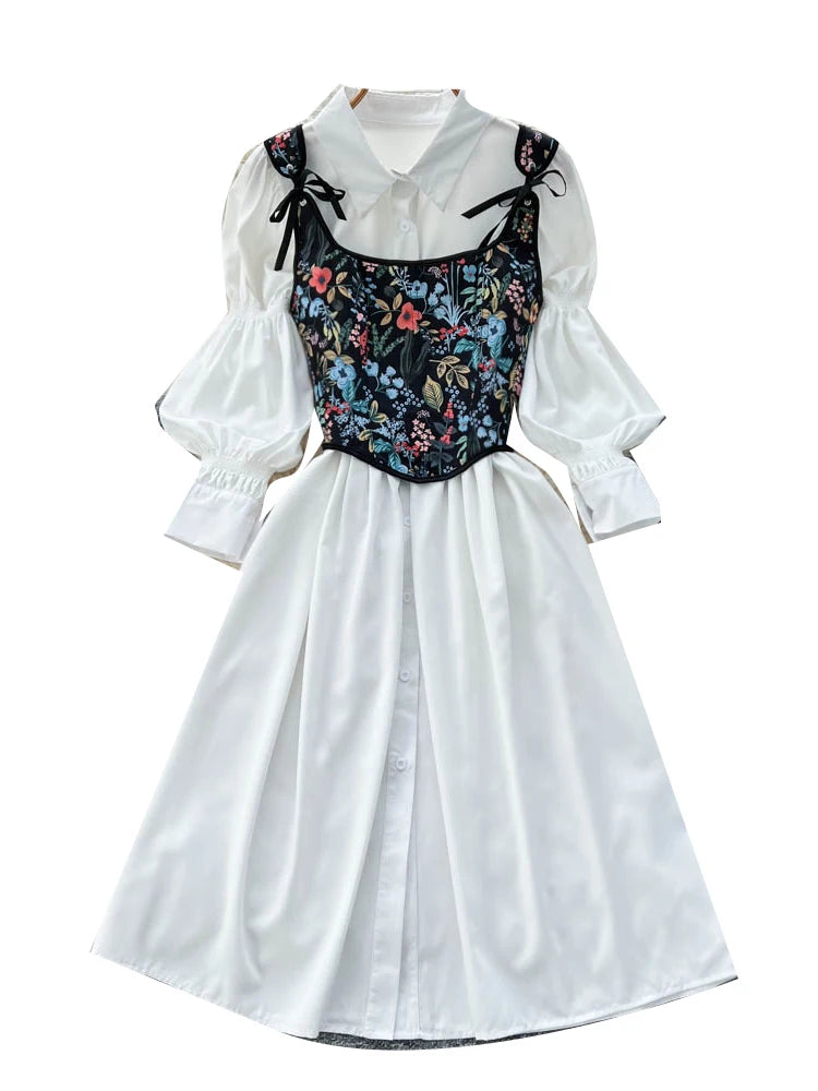 Women's Lantern Sve irt And Belted Vest Two-Piece Set Slimming Faion Autumn Wear Casual Commute Sle High Waist