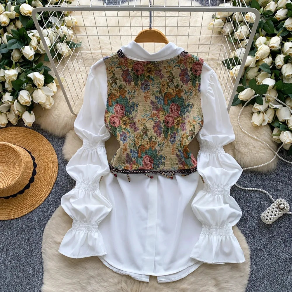 Neploe Lovely Korea Chic Court Women Clothing Minority French Style Puff Sleeve Shirts Tassel Jacquard Short Slim Casual Blusas