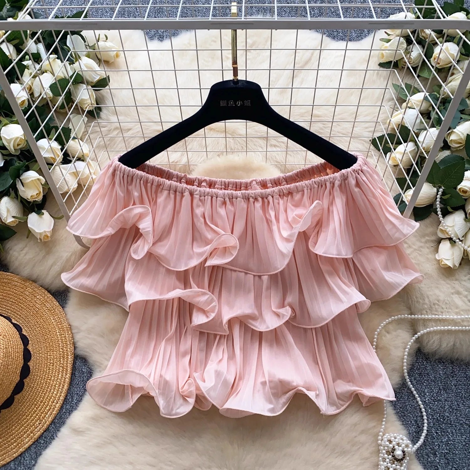 New Summer Sweet Chic Slash Neck Folded Ruffles Chiffon Shirt Women's Sexy Sleeveless Black White Short Blouses Pullover Tops