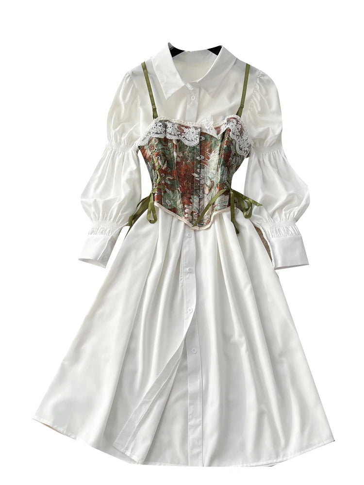 Retro Bubble Sve irt Dr Women's Spring White Collar Waist Cinched A-Line Skirt Two-Piece Set High Waist Polyester Fiber