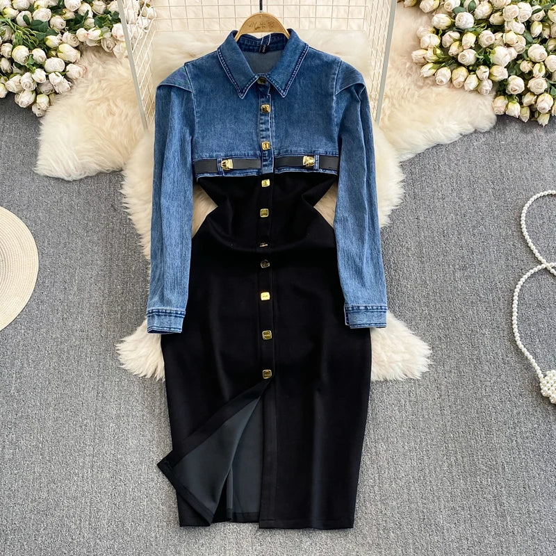 Women's Denim Patchwork Dresses Single Breasted Slim Single Breasted Wrapped Hip Dress Vestidos Fashion Spring Autumn Dress 3573